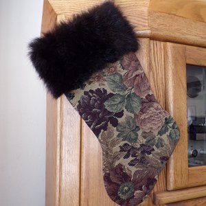 real POSSUM FUR CUFF on floral Christmas stocking